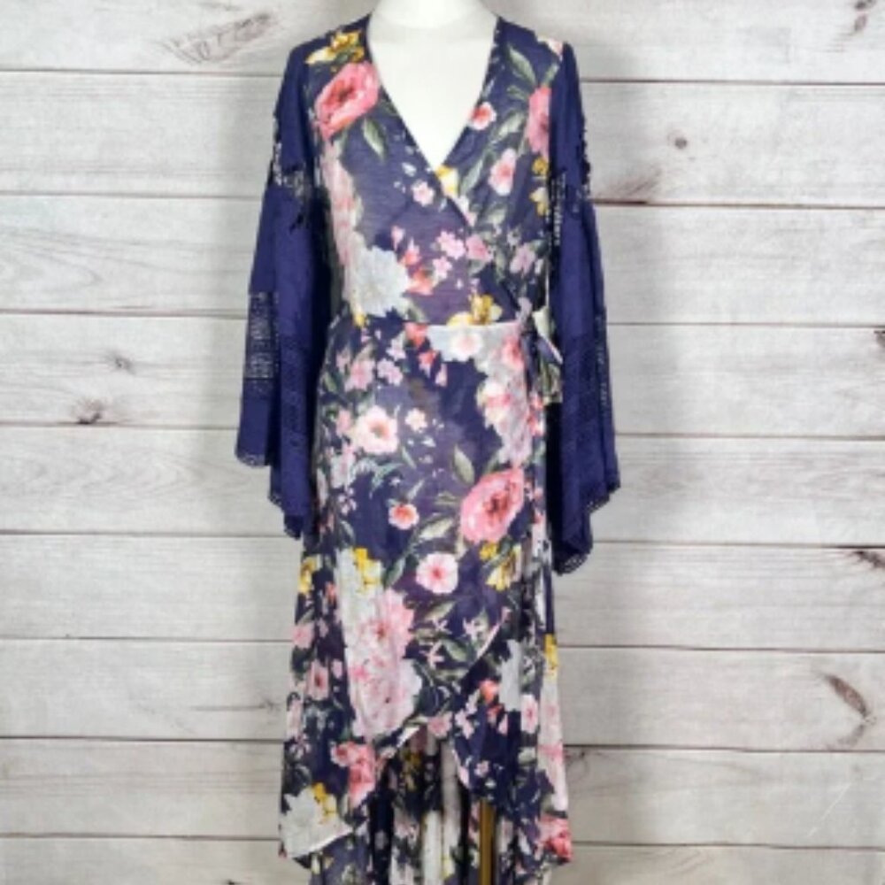Aratta Floral Wrap Dress Embroidered Eyelet Bell Sleeve